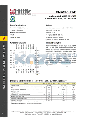 HMC943LP5E_11 datasheet - GaAs pHEMT MMIC 1.5 WATT POWER AMPLIFIER, 24 - 31.5 GHz