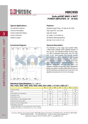 HMC950_11 datasheet - GaAs pHEMT MMIC 4 WATT POWER AMPLIFIER, 12 - 16 GHz