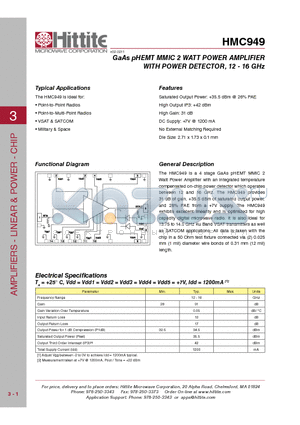 HMC949_11 datasheet - GaAs pHEMT MMIC 2 WATT POWER AMPLIFIER WITH POWER DETECTOR, 12 - 16 GHz