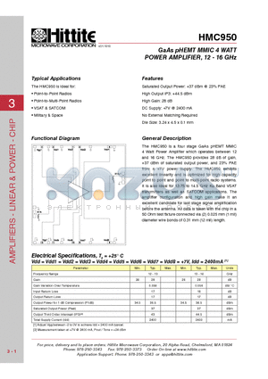 HMC950 datasheet - GaAs pHEMT MMIC 4 WATT POWER AMPLIFIER, 12 - 16 GHz