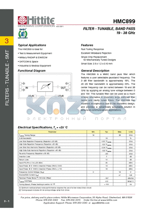 HMC899 datasheet - FILTER - TUNABLE, BAND PASS 19 - 38 GHz