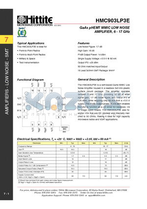 HMC903LP3E datasheet - GaAs pHEMT MMIC LOW NOISE AMPLIFIER, 6 - 17 GHz