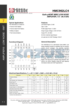 HMC962LC4 datasheet - GaAs pHEMT MMIC LOW NOISE AMPLIFIER, 7.5 - 26.5 GHz