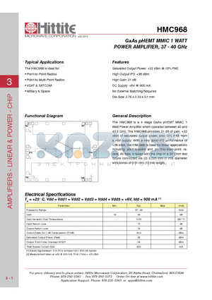 HMC968 datasheet - GaAs pHEMT MMIC 1 WATT POWER AMPLIFIER, 37 - 40 GHz