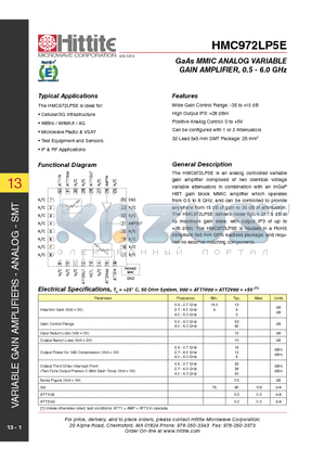 HMC972LP5E datasheet - GaAs MMIC ANALOG VARIABLE GAIN AMPLIFIER, 0.5 - 6.0 GHz