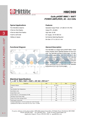 HMC969 datasheet - GaAs pHEMT MMIC 1 WATT POWER AMPLIFIER, 40 - 43.5 GHz