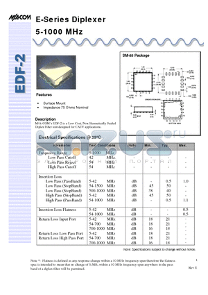 EDF-2 datasheet - E-Series Diplexer 5-1000 MHz