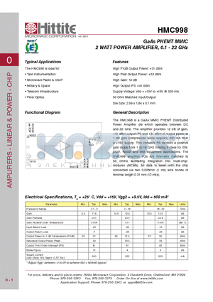 HMC998_1108 datasheet - GaAs PHEMT MMIC 2 WATT POWER AMPLIFIER, 0.1 - 22 GHz