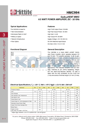 HMC994 datasheet - GaAs pHEMT MMIC 0.5 WATT POWER AMPLIFIER, DC - 32 GHz