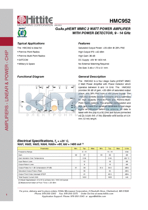 HMC952 datasheet - GaAs pHEMT MMIC 2 WATT POWER AMPLIFIER