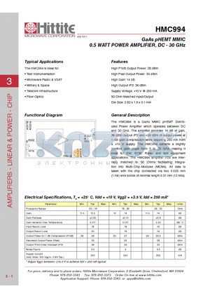 HMC994 datasheet - GaAs pHEMT MMIC 0.5 WATT POWER AMPLIFIER, DC - 30 GHz