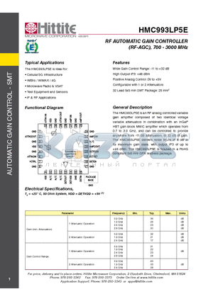 HMC993LP5E datasheet - RF AUTOMATIC GAIN CONTROLLER