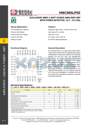 HMC965LP5E datasheet - GaAs pHEMT MMIC 2 WATT POWER AMPLIFIER SMT WITH POWER DETECTOR, 12.5 - 15.5 GHz