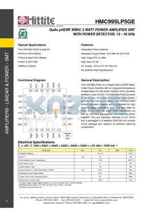 HMC995LP5GE datasheet - GaAs pHEMT MMIC 3 WATT POWER AMPLIFIER SMT
