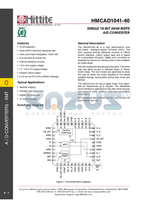 HMCAD1041-40 datasheet - Single 10-Bit 20/40 MSPS A/D Converter