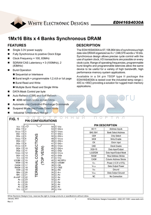 EDI416S4030A12SI datasheet - 1Mx16 Bits x 4 Banks Synchronous DRAM