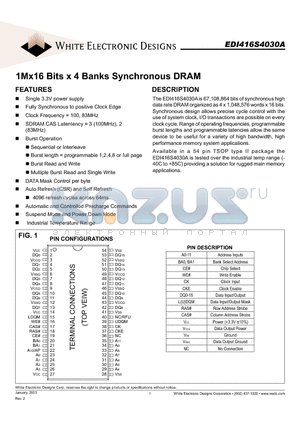 EDI416S4030A datasheet - 1Mx16 Bits x 4 Banks Synchronous DRAM