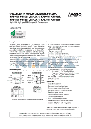 HCNW137 datasheet - High CMR, High Speed TTL Compatible Optocouplers