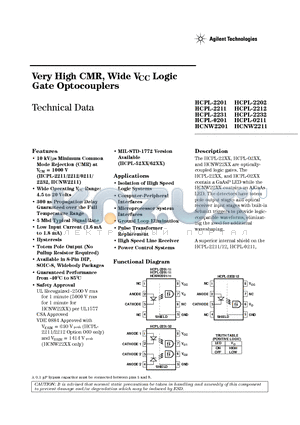 HCNW2211 datasheet - Very High CMR, Wide VCC Logic Gate Optocouplers