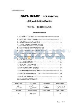 GM126401SFAYA-R1 datasheet - LCD MODULE SPCIFICATION