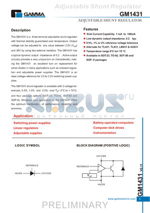 GM1431 datasheet - Three Terminal adjustable shunt regulator with thermal Stability Guaranteed over temperature.