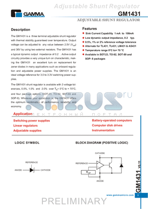 GM1431AST23B datasheet - Three Terminal adjustable shunt regulator with thermal Stability Guaranteed over temperature.