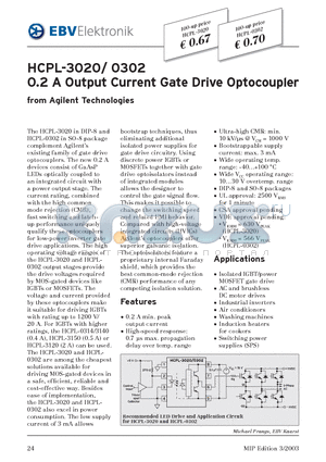 HCPL-0302 datasheet - 0.2 A Output Current Gate Drive Optocoupler