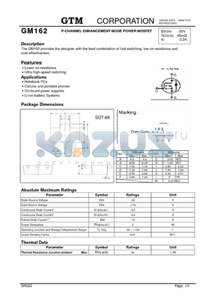 GM162 datasheet - P-CHANNEL ENHANCEMENT MODE POWER MOSFET