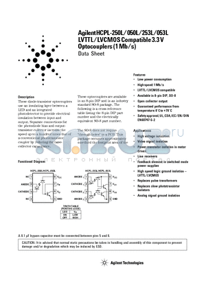 HCPL-053L-XXXE datasheet - LVTTL/LVCMOS Compatible 3.3 V Optocouplers (1 Mb/s)