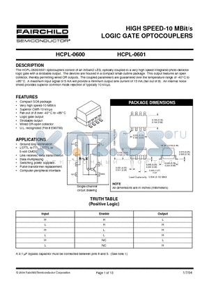 HCPL-0601 datasheet - HIGH SPEED-10 MBit/s LOGIC GATE OPTOCOUPLERS