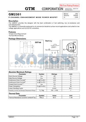 GM2301 datasheet - P-CHANNEL ENHANCEMENT MODE POWER MOSFET