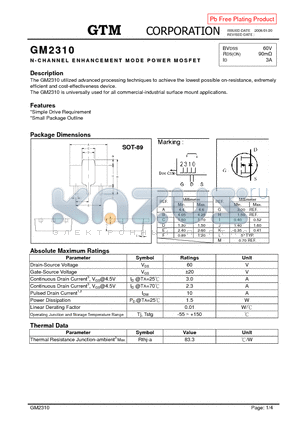 GM2310 datasheet - P-CHANNEL ENHANCEMENT MODE POWER MOSFET