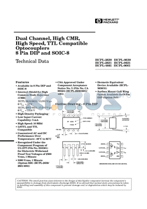 HCPL-0630 datasheet - Dual Channel, High CMR, High Speed, TTL Compatible Optocouplers 8 Pin DIP and SOIC-8