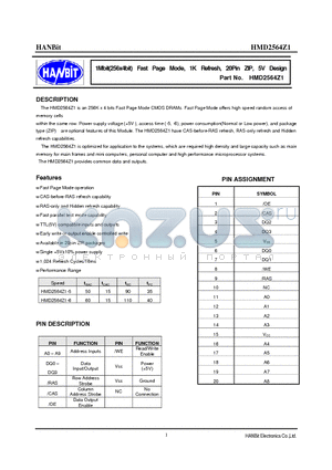 HMD2564Z1-6 datasheet - 1Mbit(256x4bit) Fast Page Mode, 1K Refresh, 20Pin ZIP, 5V Design