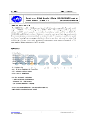 HMD32M64D8A-10 datasheet - Synchronous DRAM Module 64Mbyte (8Mx72bit),DIMM based on 32Mx8, 4Banks, 8K Ref., 3.3V