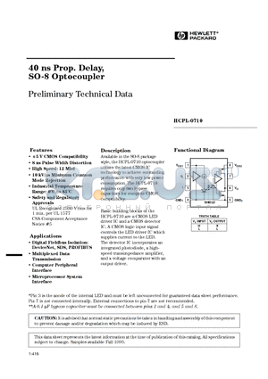 HCPL-0710 datasheet - 40 ns Prop. Delay, SO-8 Optocoupler