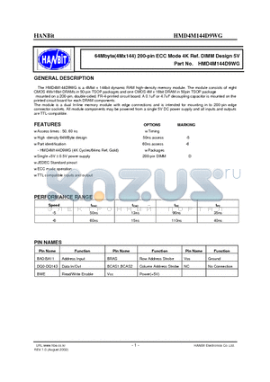 HMD4M144D9WG datasheet - 64Mbyte(4Mx144) 200-pin ECC Mode 4K Ref. DIMM Design 5V