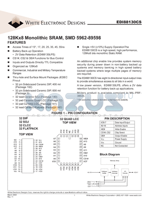 EDI88130CSXLC datasheet - 128Kx8 Monolithic SRAM, SMD 5962-89598