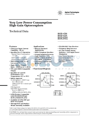 HCPL-073A datasheet - Very Low Power Consumption High Gain Optocouplers