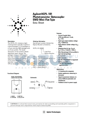 HCPL-181-00BE datasheet - Phototransistor Optocoupler SMD Mini-Flat Type