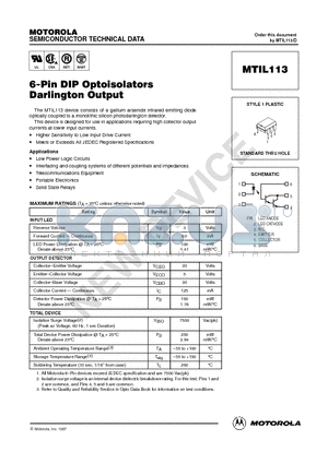MTIL113 datasheet - 6-Pin DIP Optoisolators Darlington Output