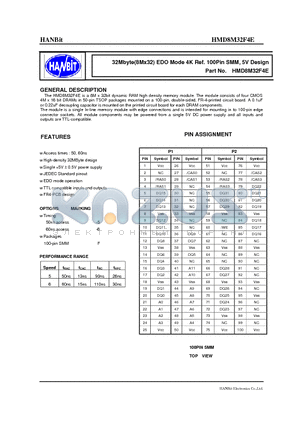 HMD8M32F4E datasheet - 32Mbyte(8Mx32) EDO Mode 4K Ref. 100Pin SMM, 5V Design