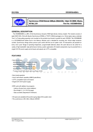 HMD8M64B8A-10L datasheet - Synchronous DRAM Module 64Mbyte (8Mx64-Bit), 144pin SO-DIMM, 4Banks, 4K Ref., 3.3V