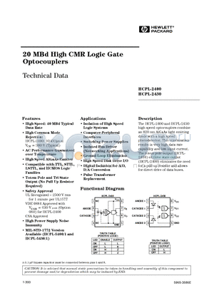 HCPL-2400 datasheet - 20 MBd High CMR Logic Gate Optocouplers