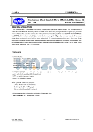 HMD8M64D8A-10L datasheet - Synchronous DRAM Module 64Mbyte (8Mx64bit),DIMM, 4Banks, 4K Ref., 3.3V