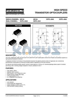 HCPL-2503 datasheet - HIGH SPEED TRANSISTOR OPTOCOUPLERS