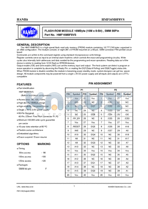 HMF16M8F8VS-120 datasheet - FLASH-ROM MODULE 16MByte (16M x 8-Bit) , SMM 80Pin