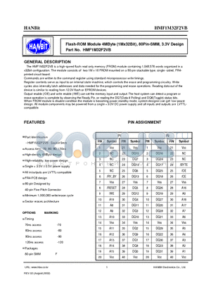 HMF1M32F2VB datasheet - Flash-ROM Module 4MByte (1Mx32Bit), 80Pin-SMM, 3.3V Design