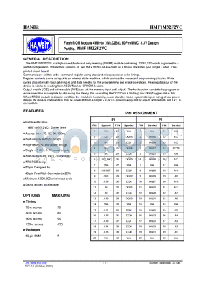 HMF1M32F2VC-80 datasheet - Flash-ROM Module 4MByte (1Mx32Bit), 80Pin-MMC, 3.3V Design