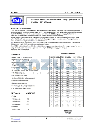 HMF1M32M4GL datasheet - FLASH-ROM MODULE 4MByte (1M x 32-Bit),72pin-SIMM, 5V